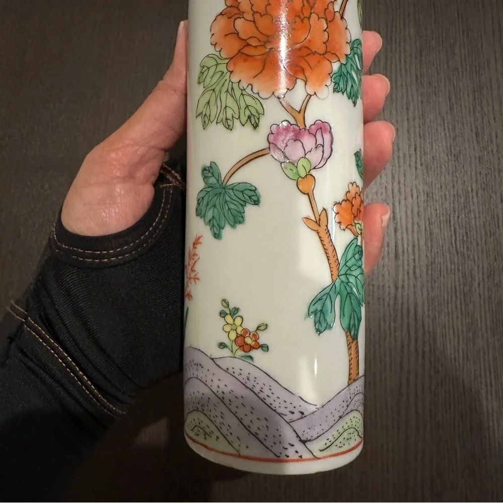 Vintage Oriental Asian Multicolor Artwork Cylindrical Round Vase 8” Tall approx.